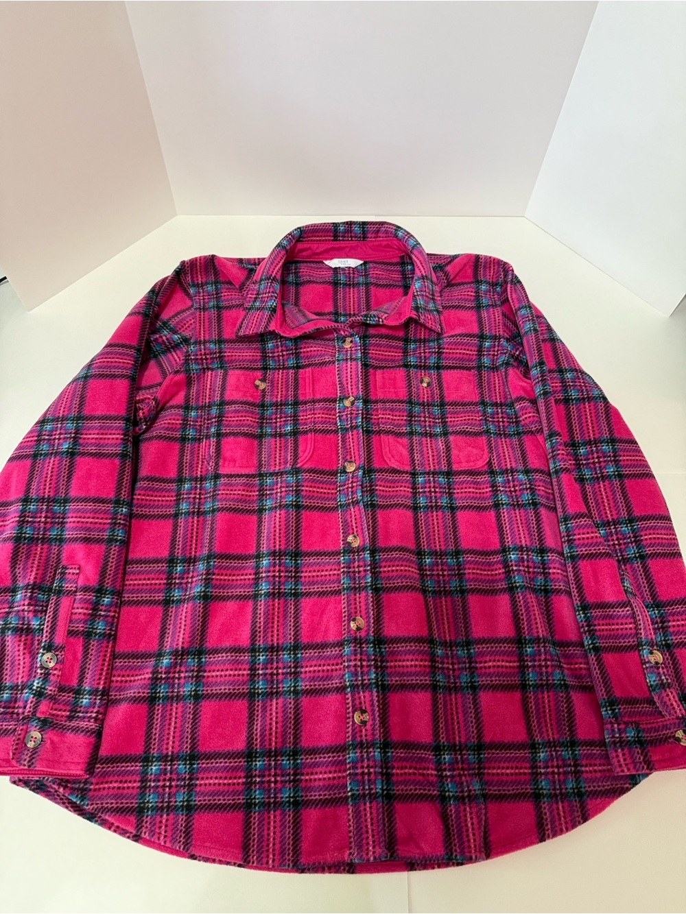 Time and Tru Pink Plaid Fleece Top with Blue and Black Accents